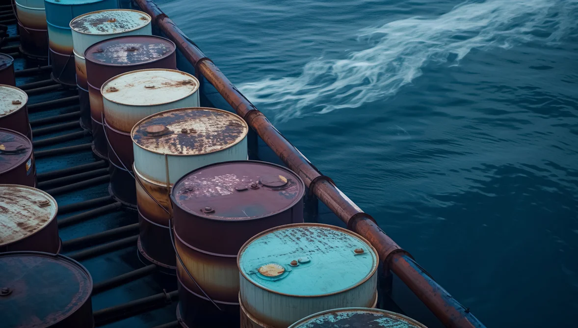 Rusty metal barrels lined up on a platform over water with a rusted pipe running alongside them.