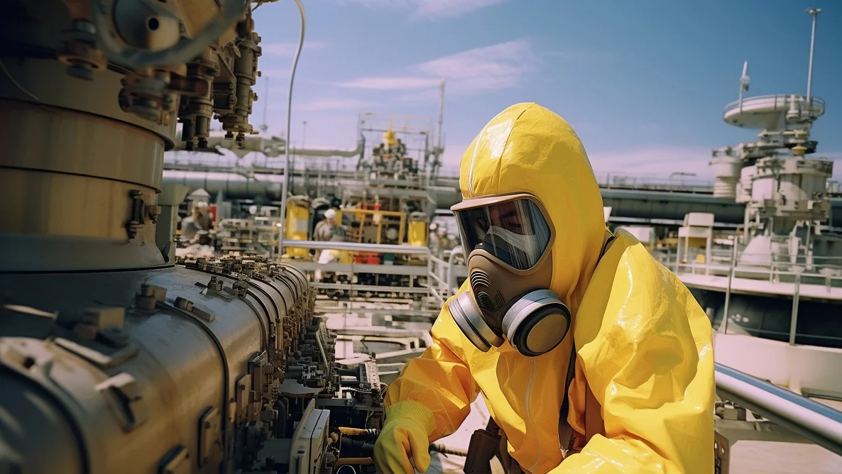Person in a yellow hazmat suit and gas mask inspecting industrial machinery outdoors.