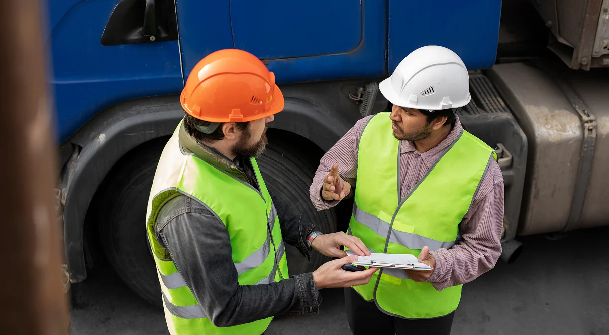 Two construction workers wearing safety helmets and reflective vests discussing with a clipboard near a blue truck.
