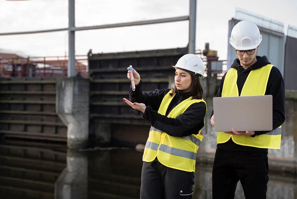 Two engineers wearing white hard hats and yellow safety vests at an industrial water site; one holds a test tube while the other uses a laptop.